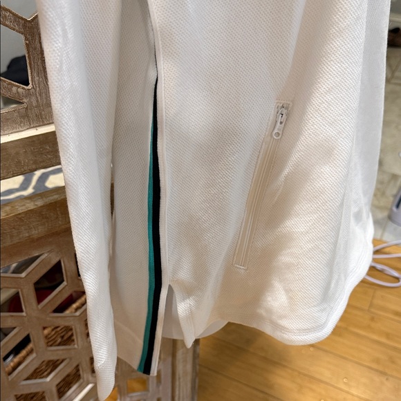 T by Talbots HOODED HALF-ZIP PIQUÉ PULLOVER White with Teal & Black Stripe Med - Picture 3 of 9